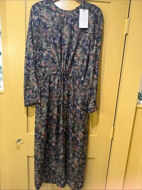 Zara Black Floral Maxi Dress with Green and Coral Accents